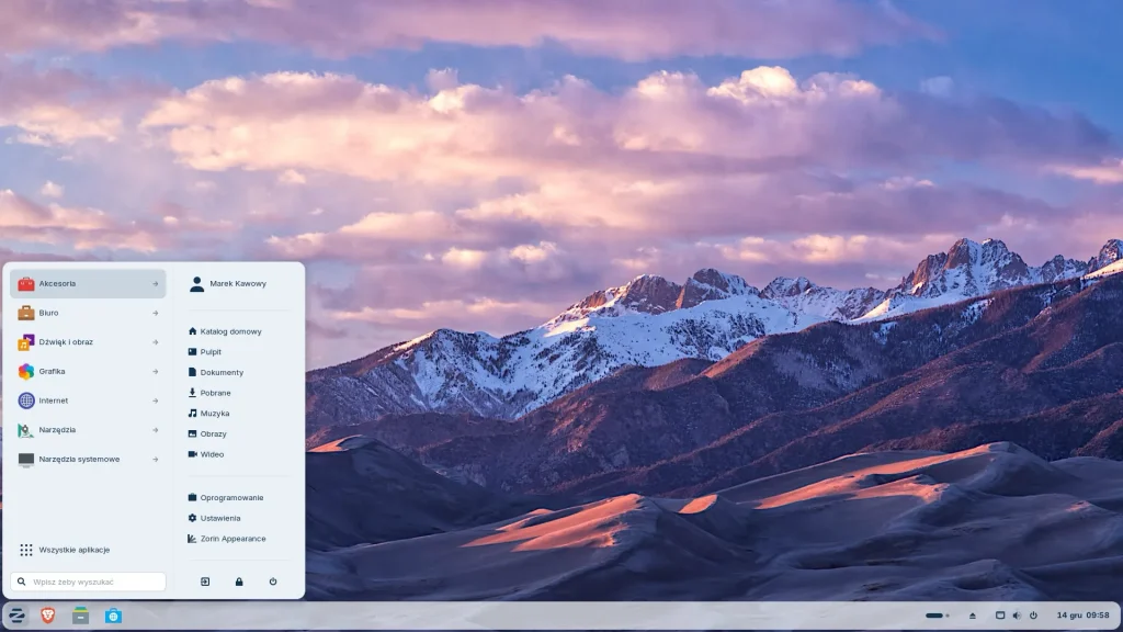 ZorinOS Core oraz pulpit systemu operacyjnego.